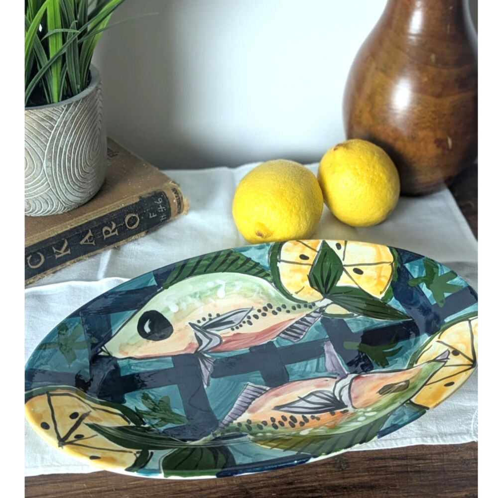 Hand-Painted Fish Motif Ceramic Platter Signed Artisan Mediterranean Coastal
